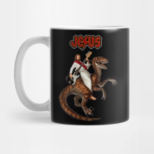 Jesus ridding a dinosaur with a guitar Mug